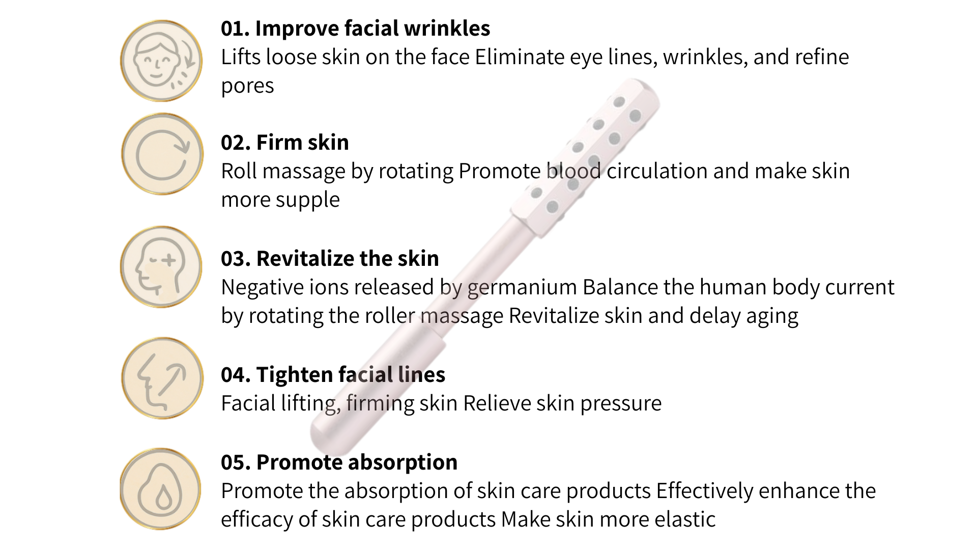 Infographic showing the 5 skincare benefits of a face massage roller: reduces wrinkles, firms skin, revitalizes with negative ions, tightens facial contours, and boosts product absorption.