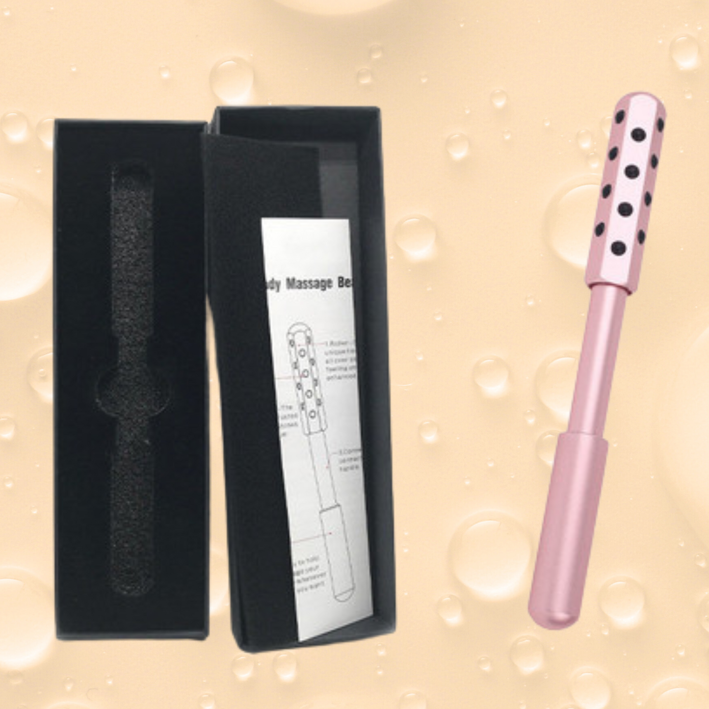 Pink germanium face roller with 24 stones alongside its elegant storage box, perfect for natural anti-aging facial massage and wrinkle reduction.