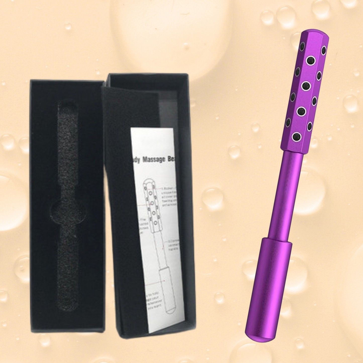 Purple germanium face roller placed next to its elegant storage box, designed for natural anti-aging facial massage and skin rejuvenation.