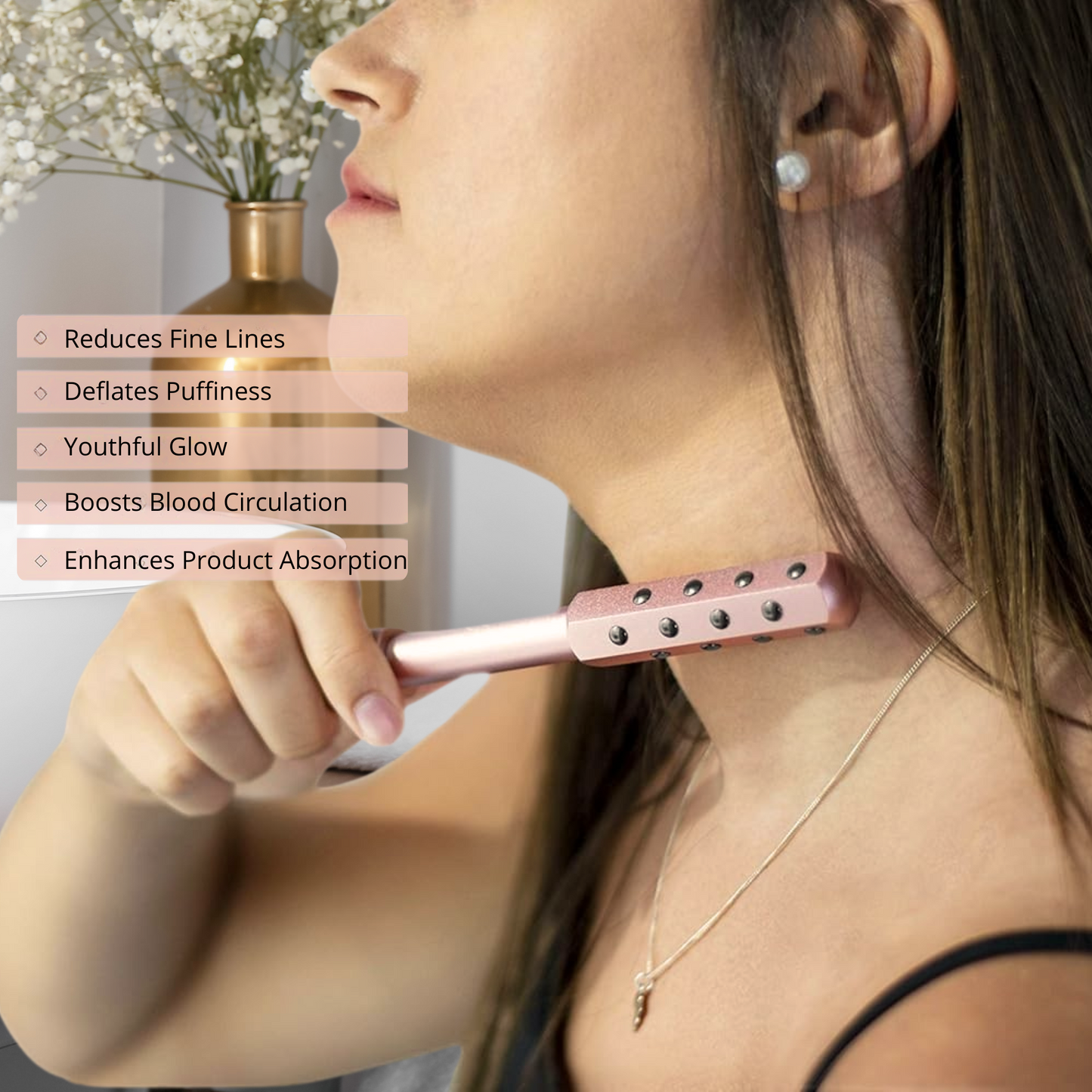 Woman using a germanium face roller on her neck in a bathroom setting, self-care and skincare beauty routine