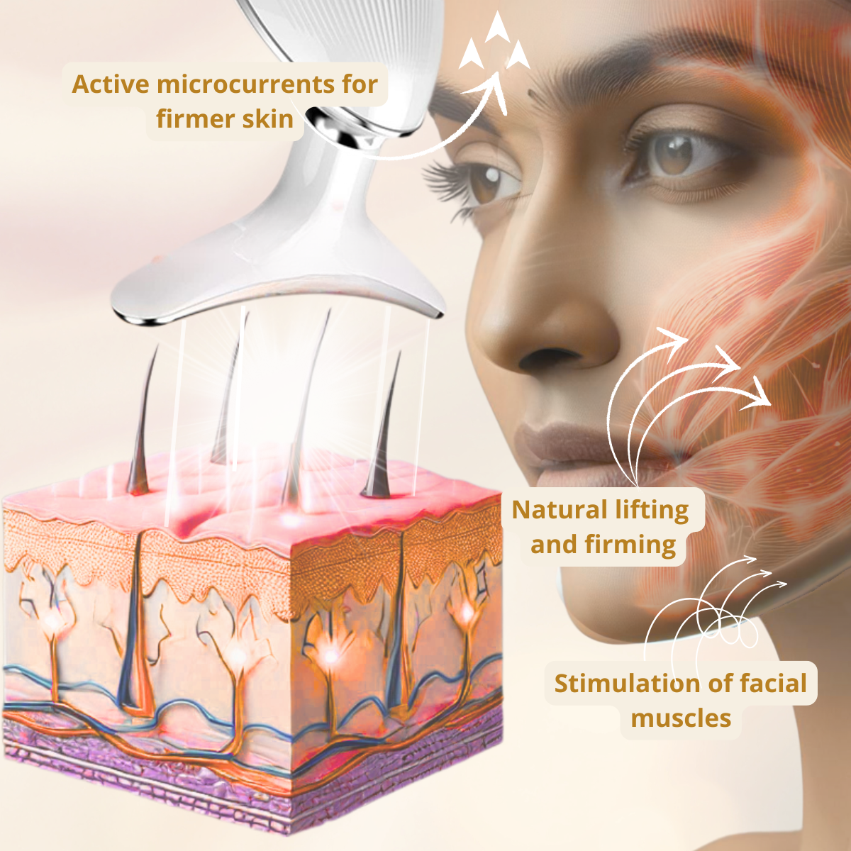 Microcurrent facial massager – Detailed illustration of the process: active microcurrents penetrate the skin to stimulate facial muscles, boost collagen production, and provide a natural lifting effect. Advanced technology for firmer, toned skin with visible anti-aging benefits.