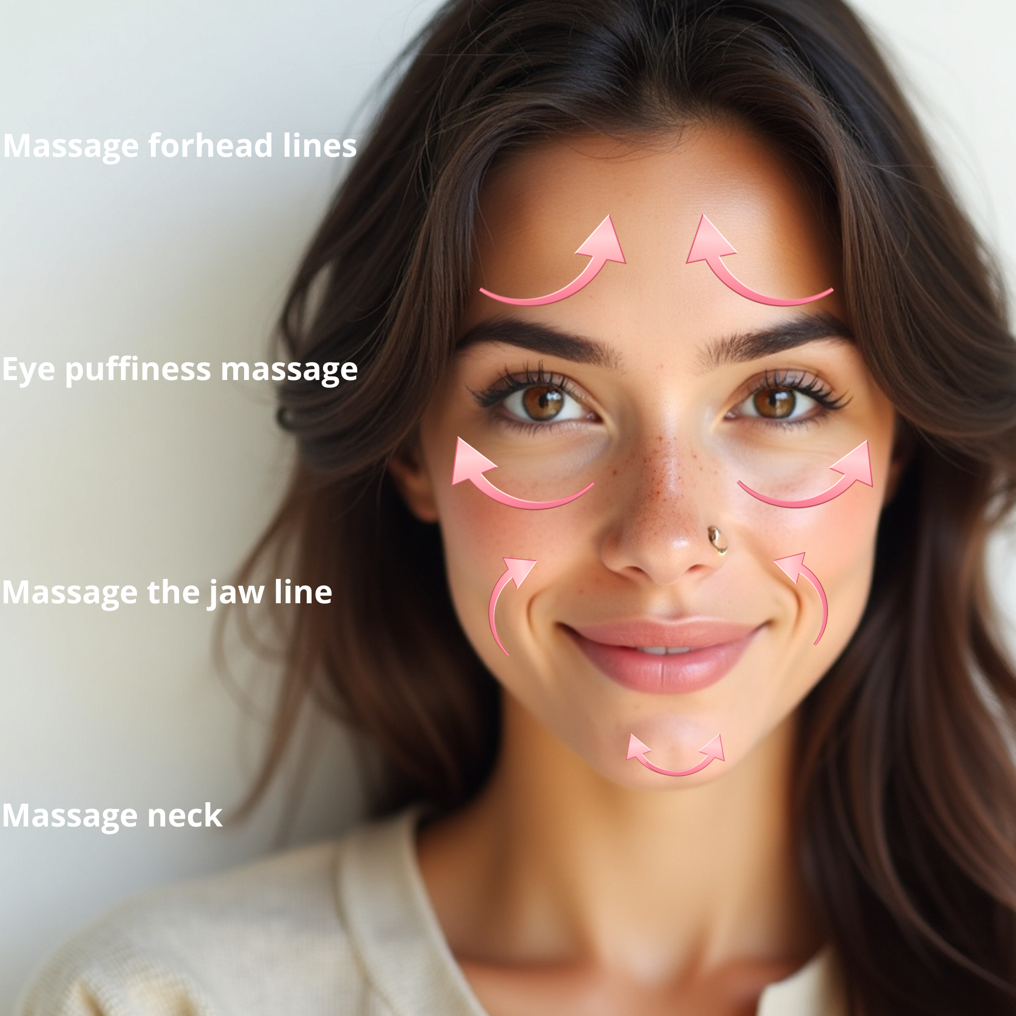 Smiling woman demonstrating a facial massage routine with arrows showing how to smooth forehead lines, reduce eye puffiness, define the jawline, and relax the neck
